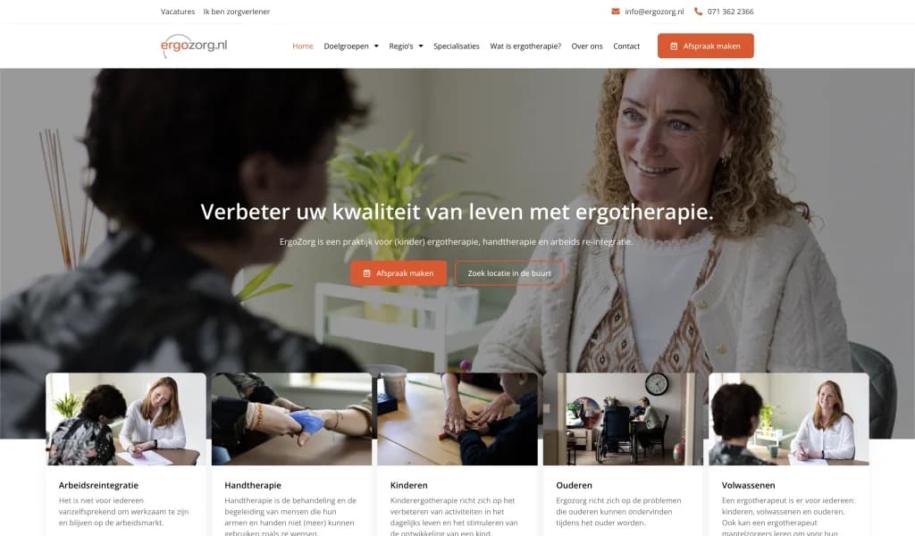 Screenshot van de website van ErgoZorg