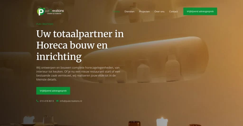 Screenshot van de website van Pub Creations