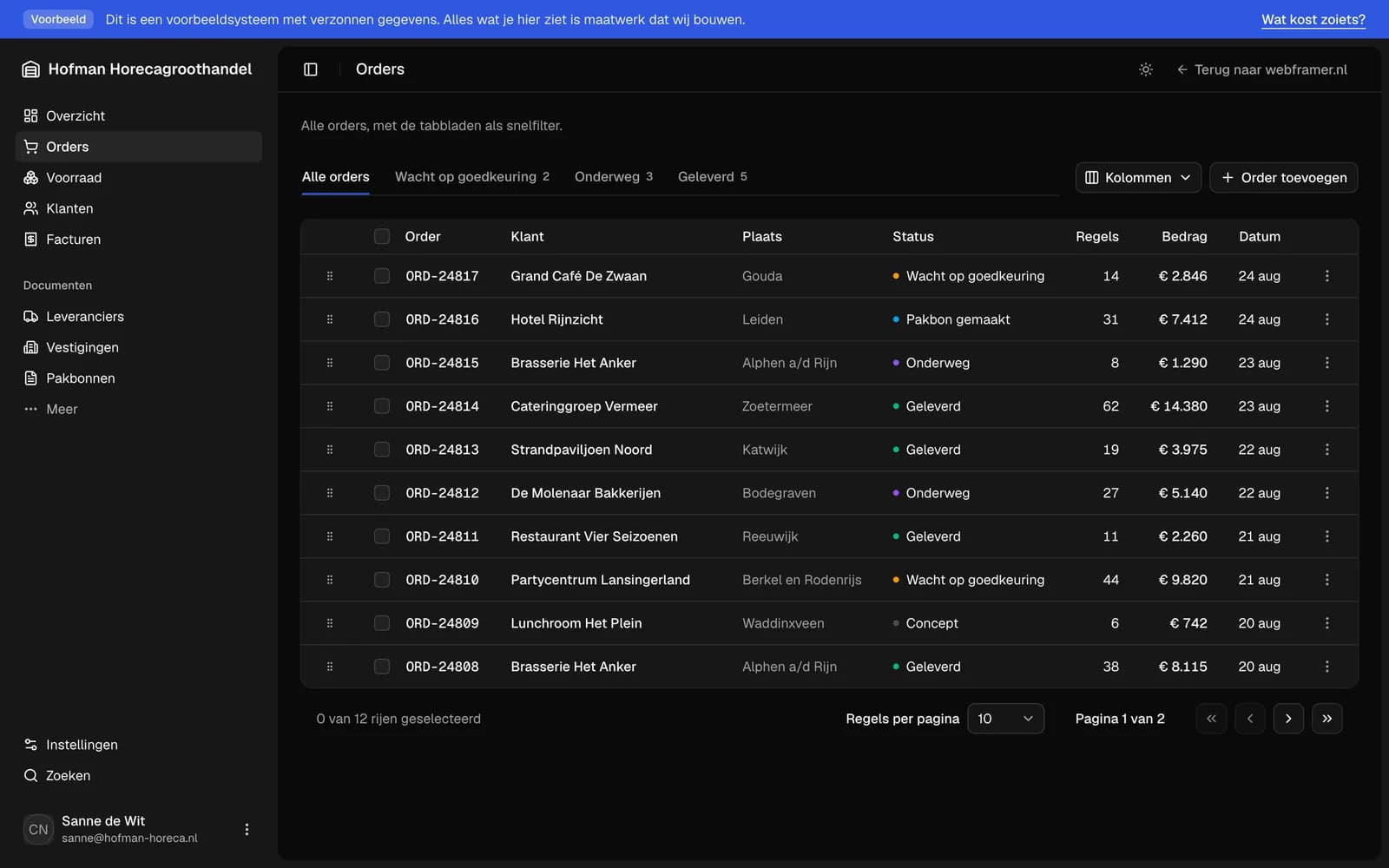 Order list of the example system with statuses and filters